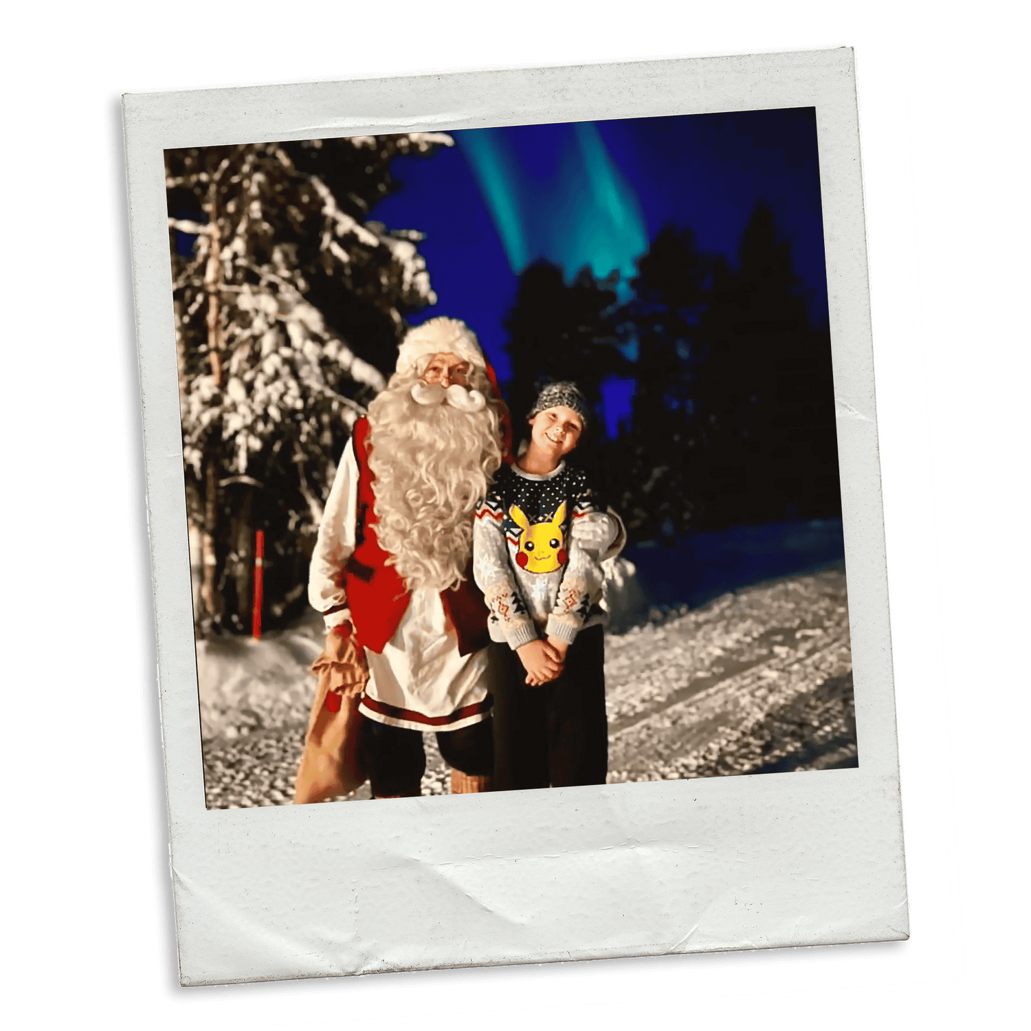 Girl meeting Santa in Ylläs, Lapland, Finland, Northern Lights in the sky | Moment with Santa